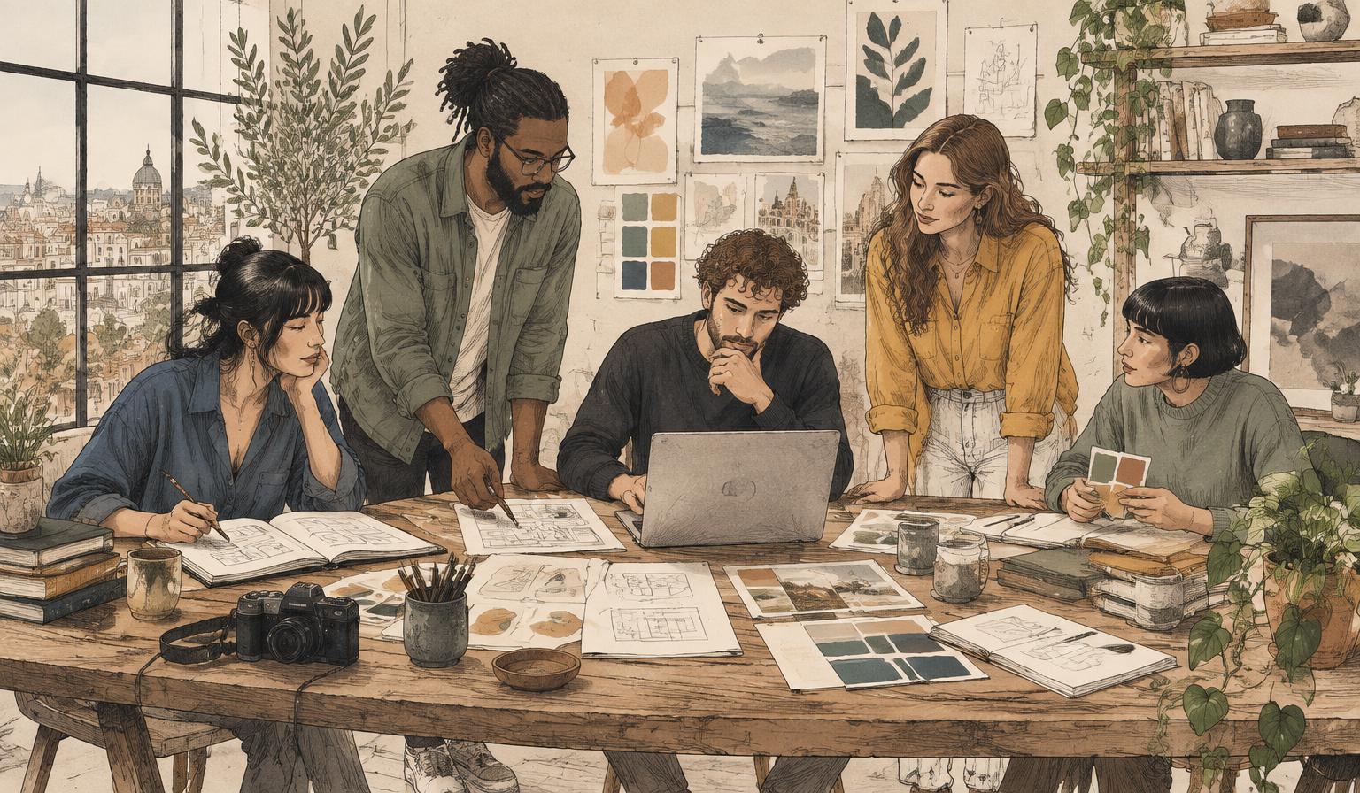 Five creative specialists collaborating around one shared table