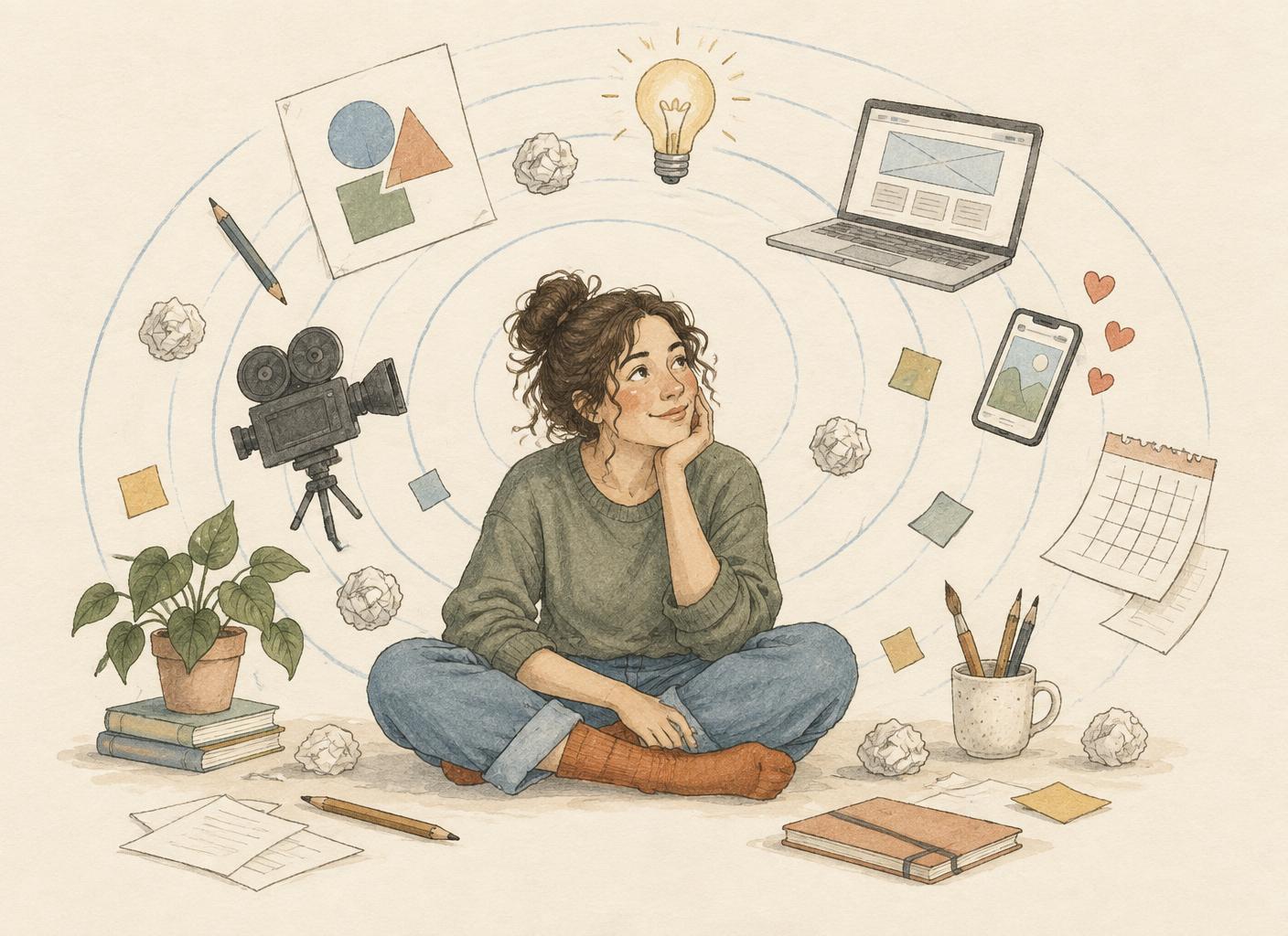 A person surrounded by floating creative work — a logo sheet, a laptop with a website, a camera, a phone, notes and deadlines — with ripples organising the mess