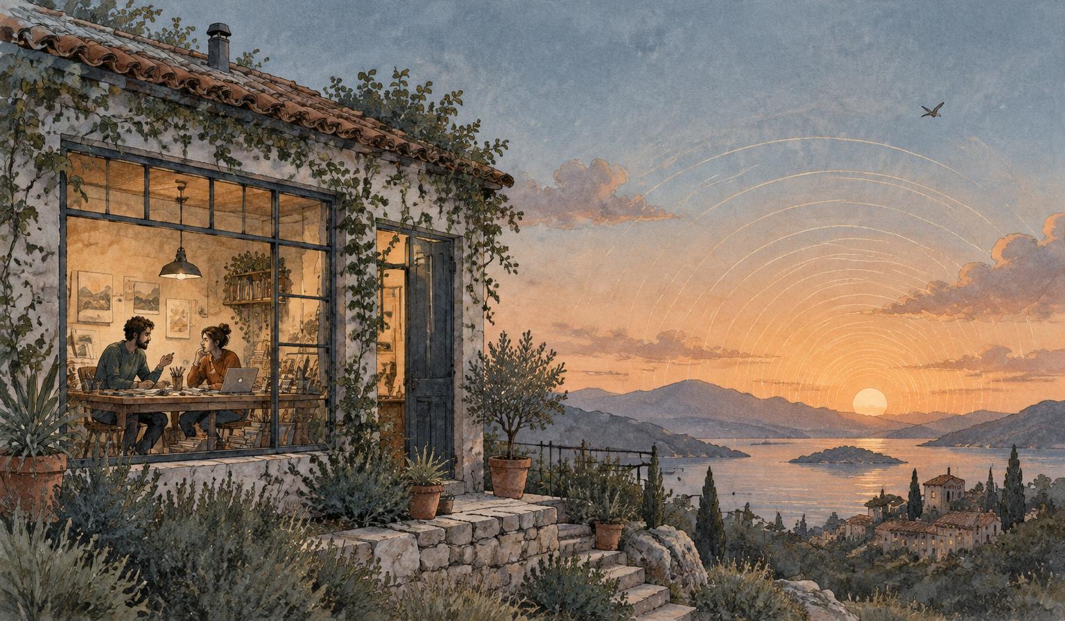 An illustrated Pripple studio glowing warmly at sunset
